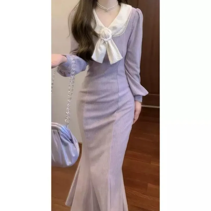 Winter Clothing In French - Fioletowa sukienka Francuski delikatny styl Elegancka