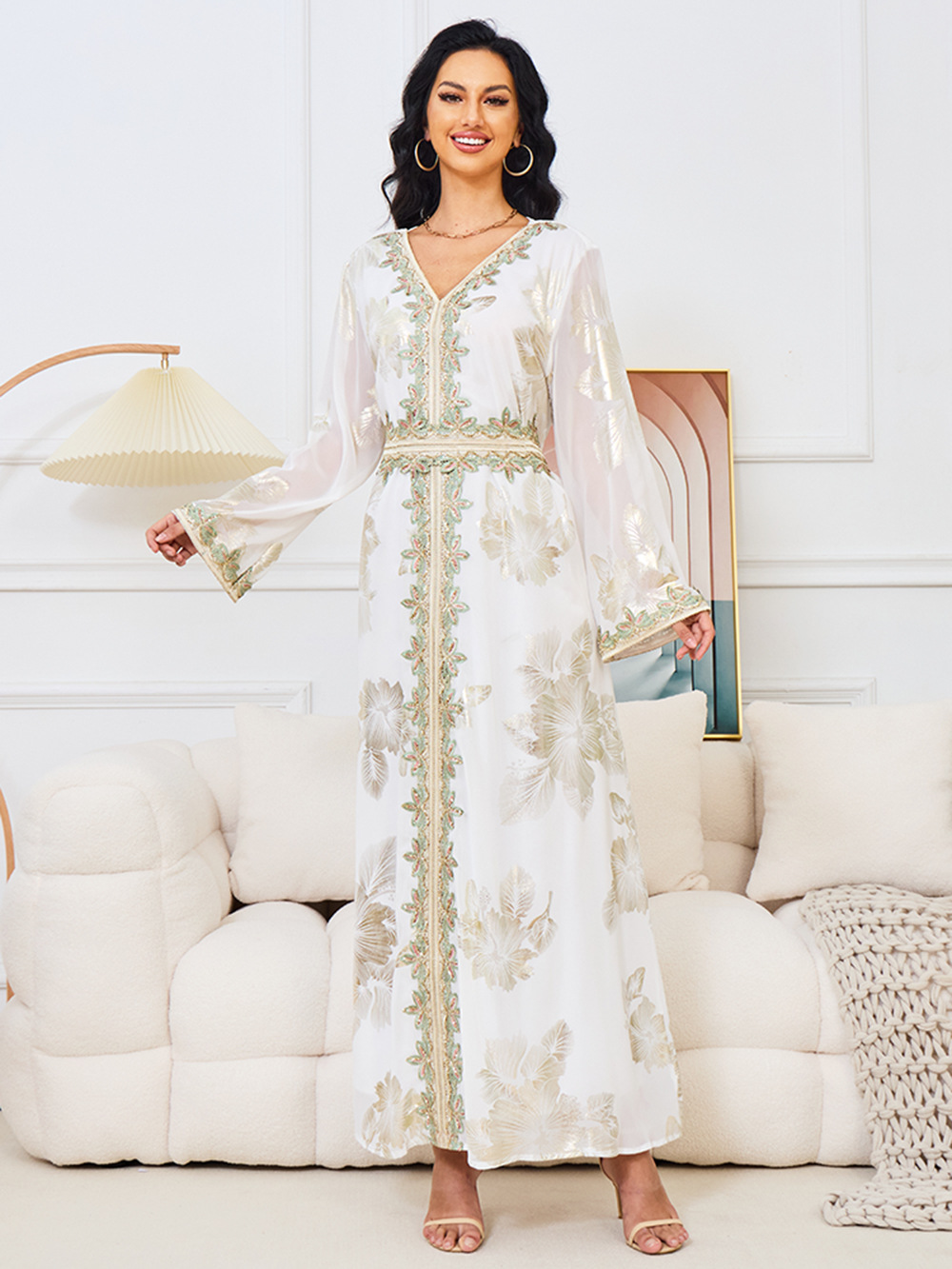 Winter Clothing Dubai - JHJN Jesienno-Zimowy Złoty Haftowany Pasek Szata