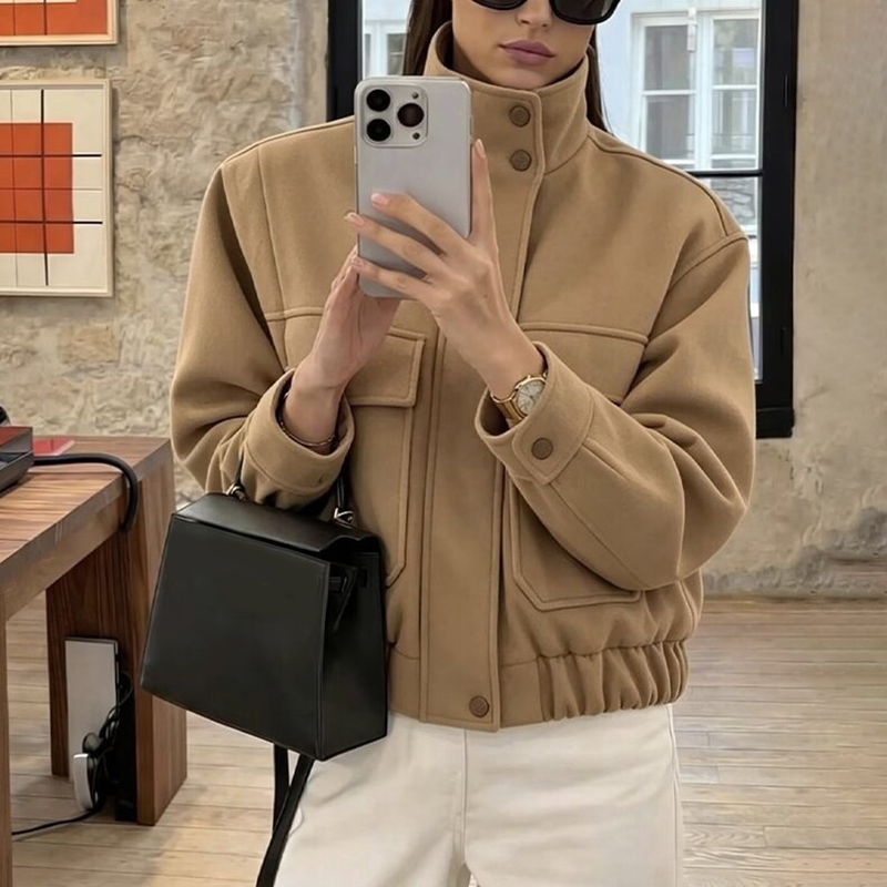 Wool Blend Coat - Minimalistyczna damska kurtka pilotka ze stójką,