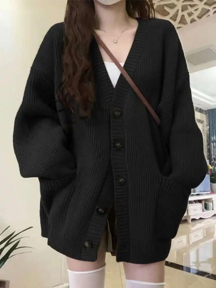 Wool Blend Coat - Luźny Kardigan Damski Długi Rękaw Dekolt